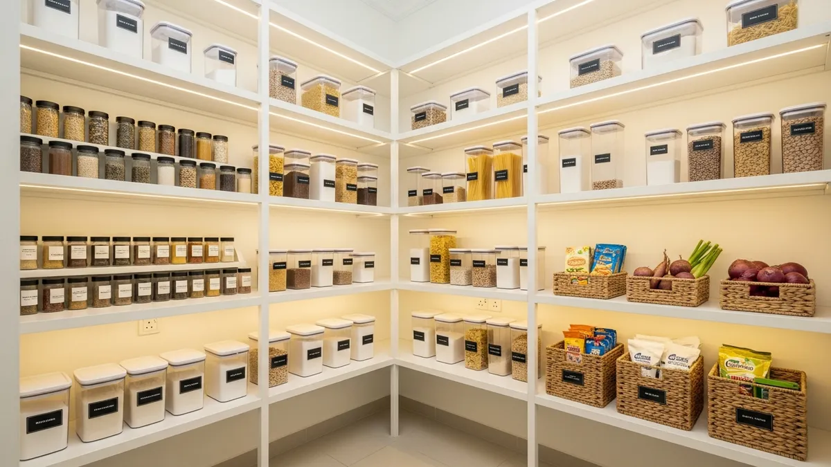 Pantry storage rack organized with food containers and spice jars in a modern kitchen