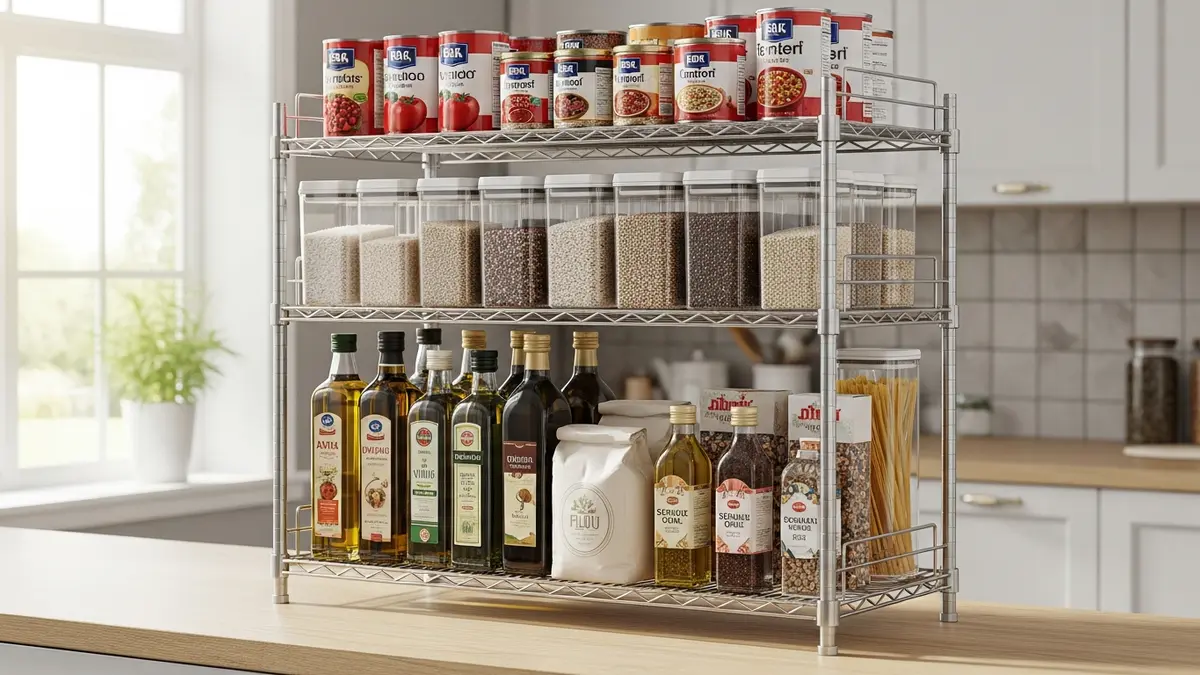 Freestanding metal wire pantry storage rack with tiered shelves holding pantry essentials