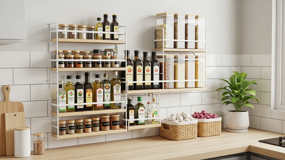 Wall-mounted pantry storage rack in a small apartment kitchen with spices and dry food
