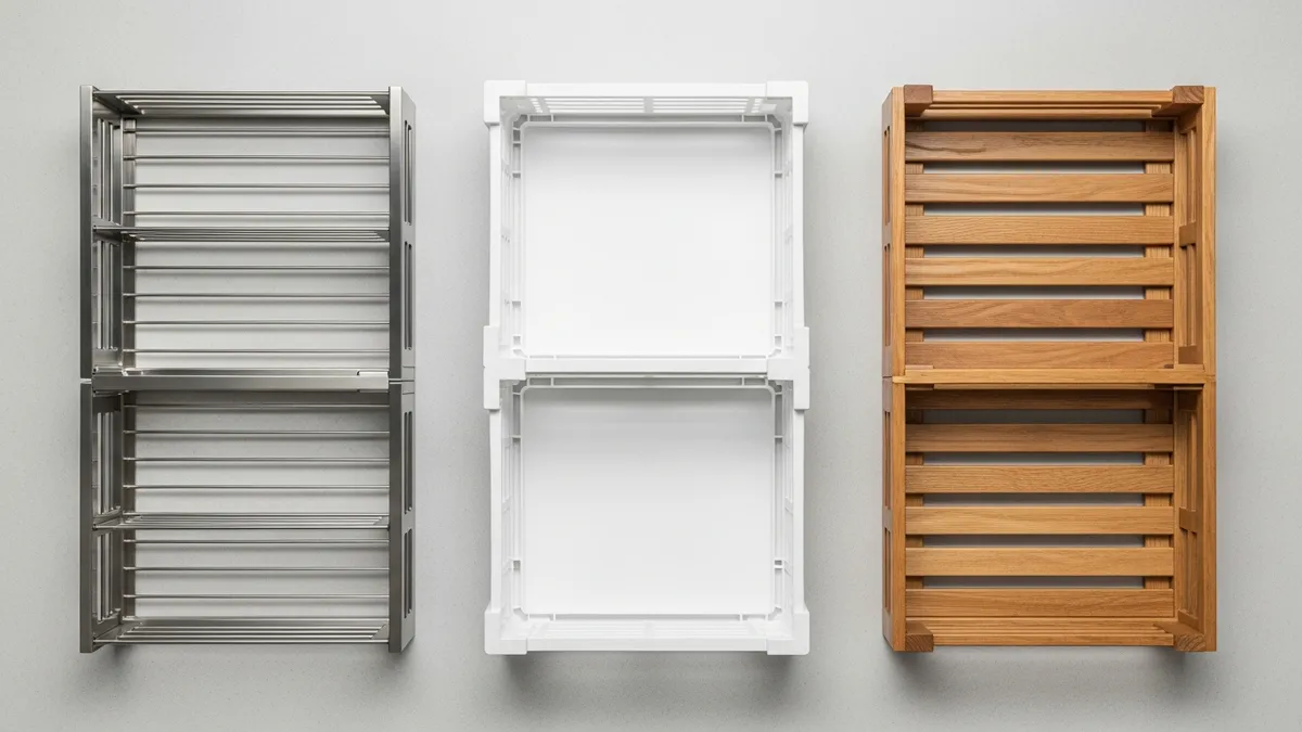 Comparison of pantry storage rack materials including stainless steel, plastic, and wood