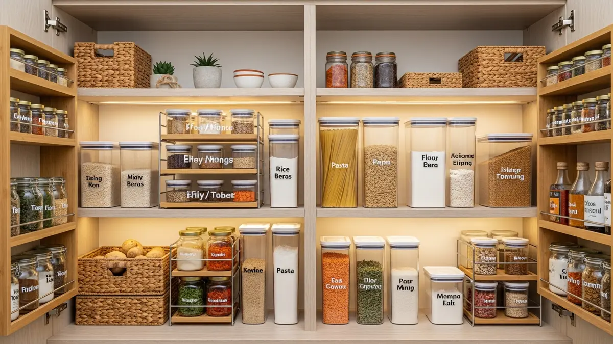 Organized pantry cabinet interior with stackable storage racks and labeled food containers