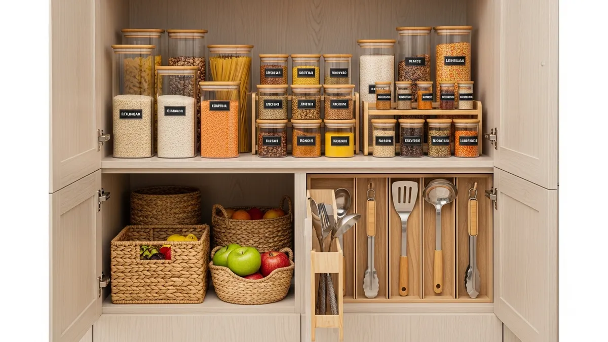 Kitchen storage solutions with various containers and modern organizers