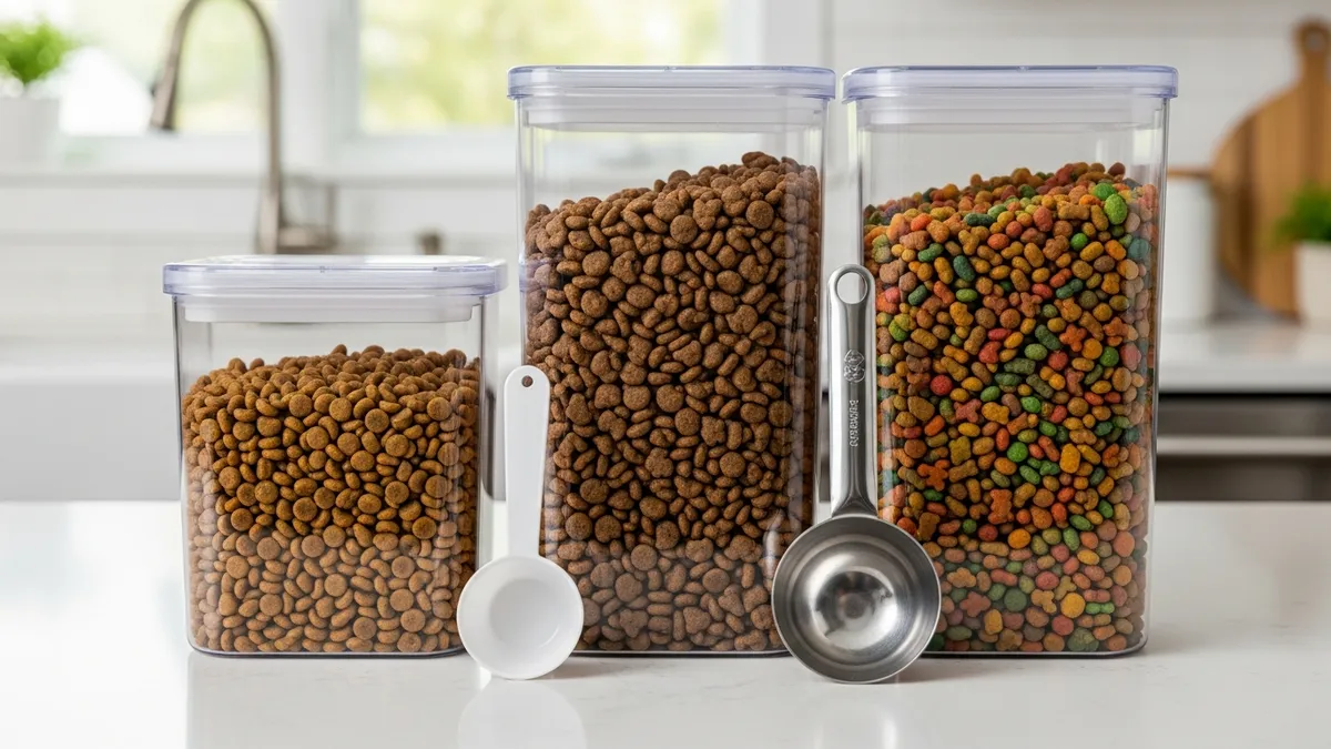 Airtight pet food storage containers with clear lids displaying different pet food types