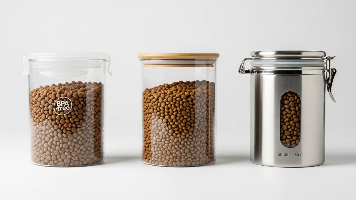 Comparison of different pet food storage container materials including plastic glass and stainless steel