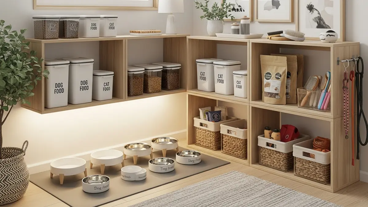 Complete pet food storage solutions with containers and feeding supplies organized neatly