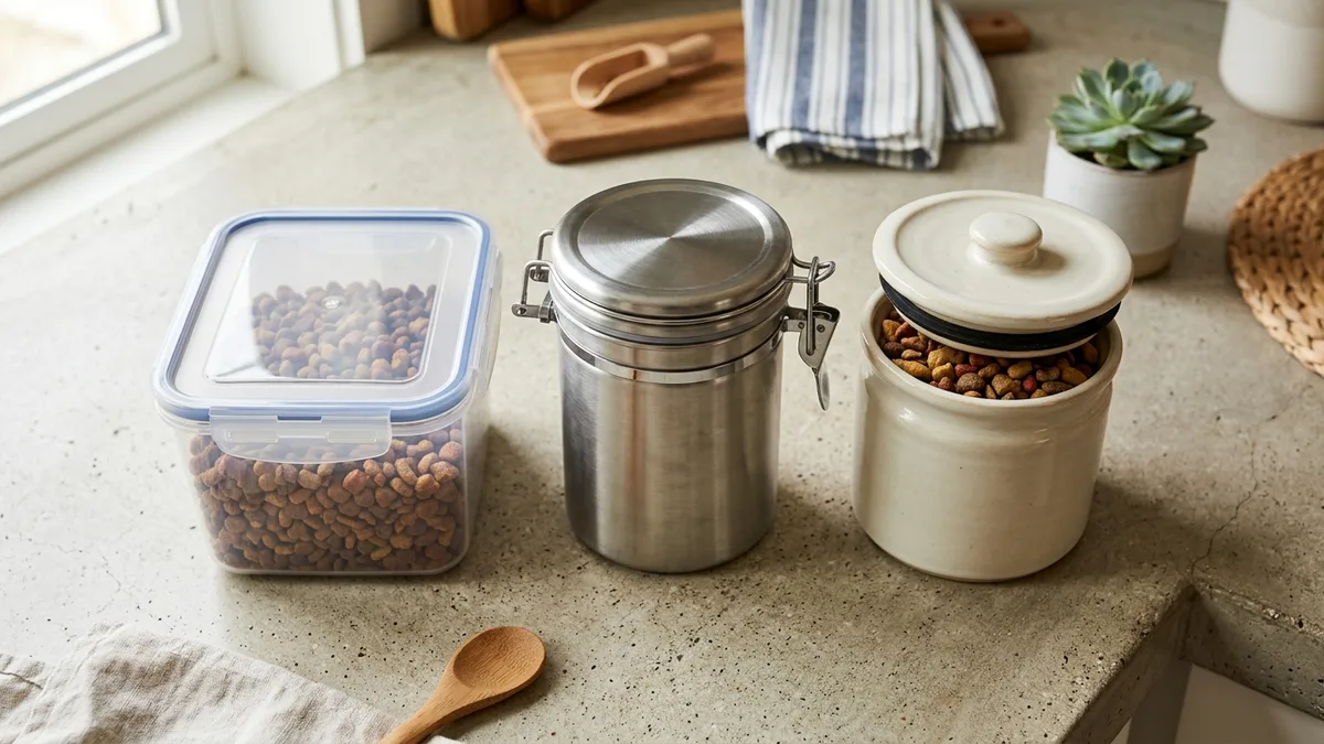 Three different pet food storage container materials - clear plastic, stainless steel, and ceramic - displayed on a countertop