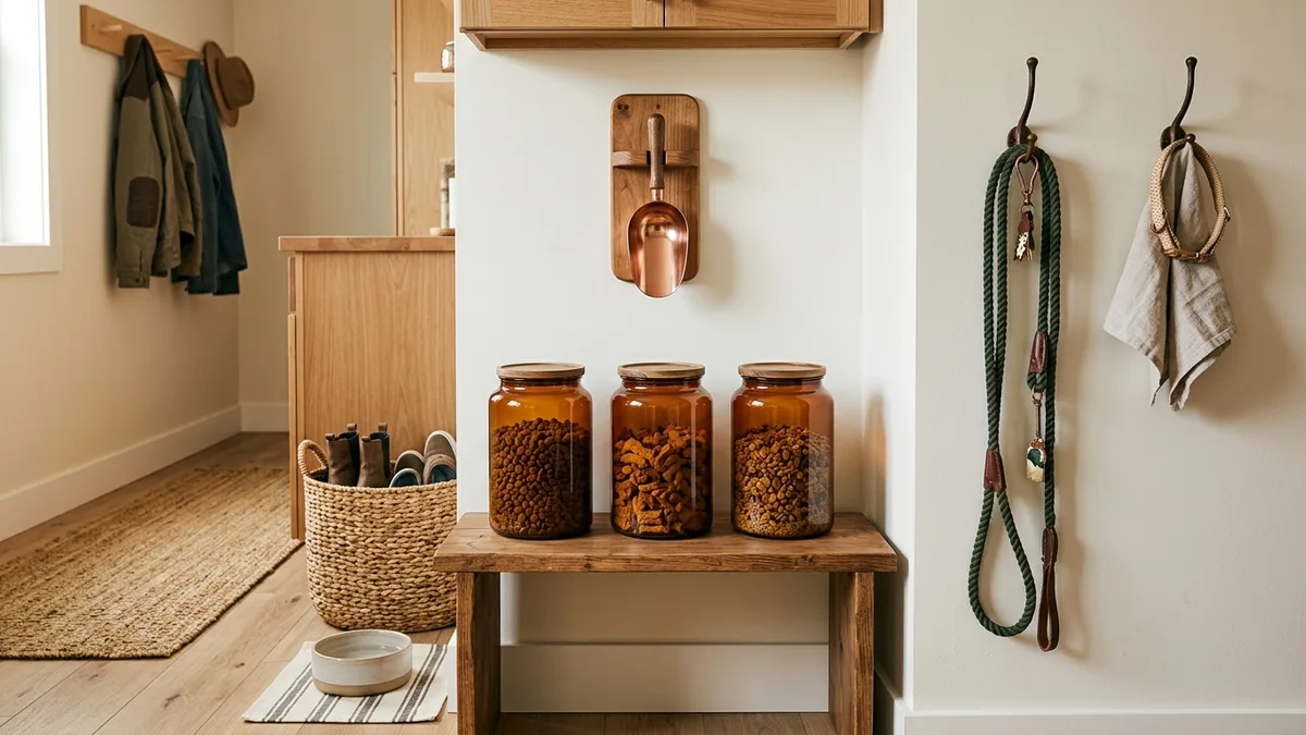 Organized pantry corner with labeled pet food storage containers on a low shelf next to pet accessories