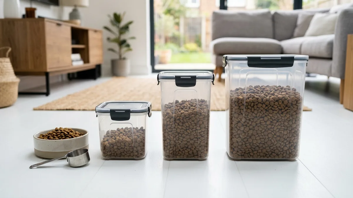Small, medium, and large dry pet food storage containers arranged next to a dog bowl and measuring scoop