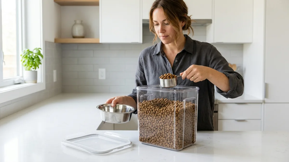 Person scooping dry kibble from a large clear airtight pet food storage container using a measuring cup