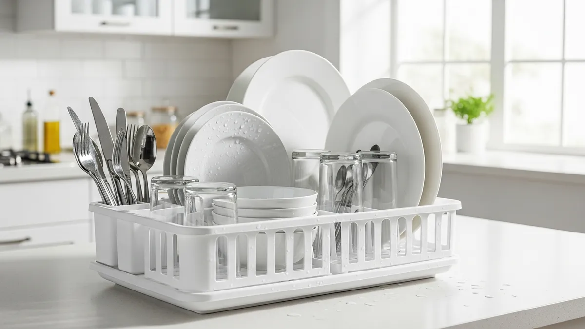 Modern plastic dish rack organizing clean dishes on kitchen counter