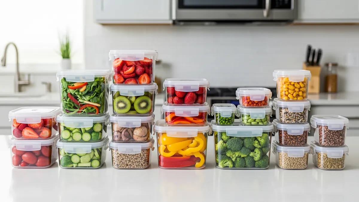 Organized plastic storage containers food system in modern kitchen with fresh ingredients