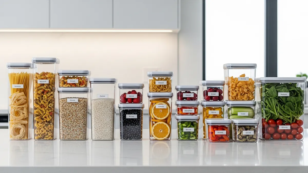 Plastic storage containers for food organized on kitchen counter with fresh ingredients