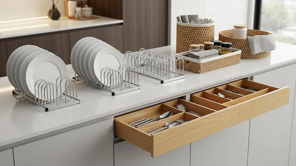 Kitchen cabinet organizer accessories and plate rack systems for lower cabinet storage solutions