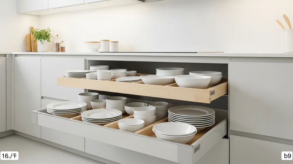 Pull-out plate rack system in lower kitchen cabinet showing organized dishes and storage solutions