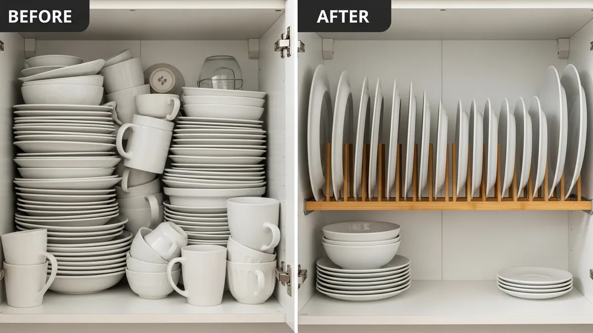 Before and after comparison showing transformation from cluttered to organized lower cabinet dish storage