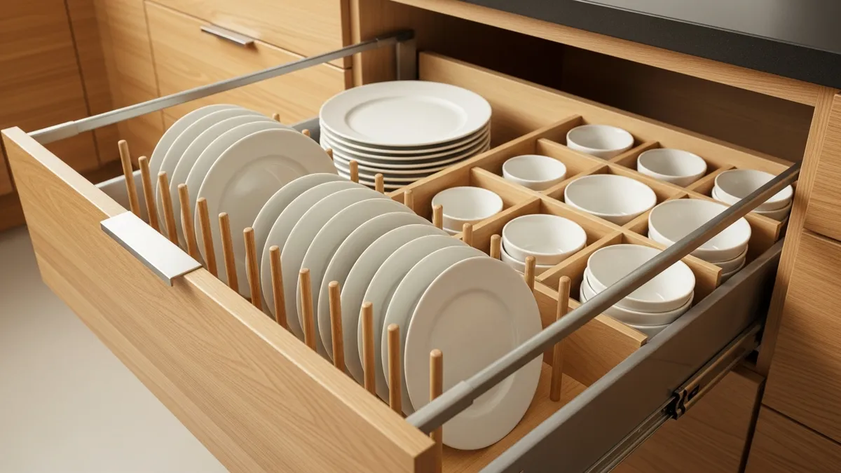 Close-up of pull-out plate rack drawer with vertical dividers for organized dish storage