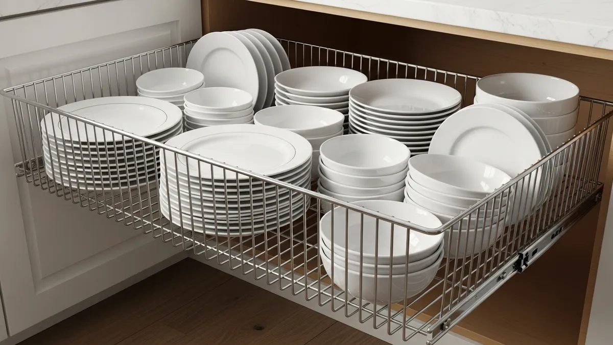 Wire sliding basket organizer in lower cabinet maximizing dish storage space