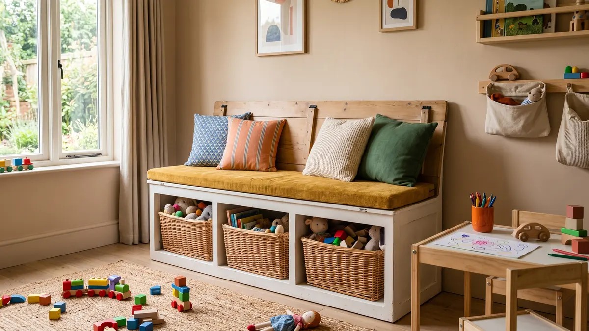 Multipurpose furniture with hidden storage for a tidy playroom