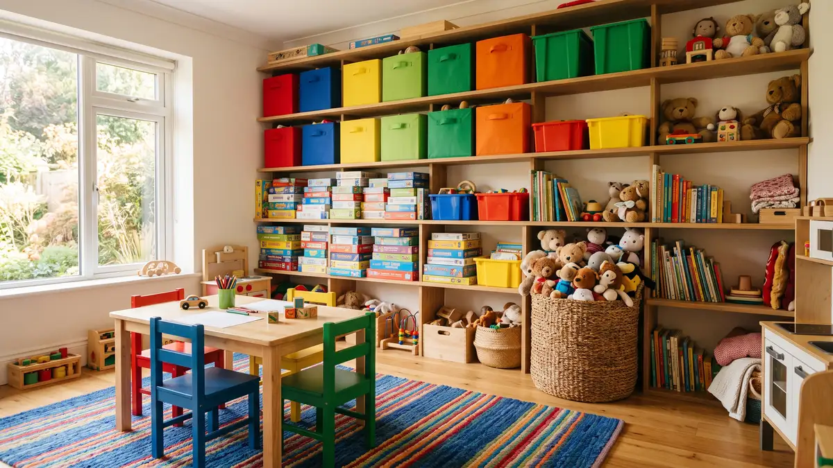 Vertical toy storage that frees up playroom floor space