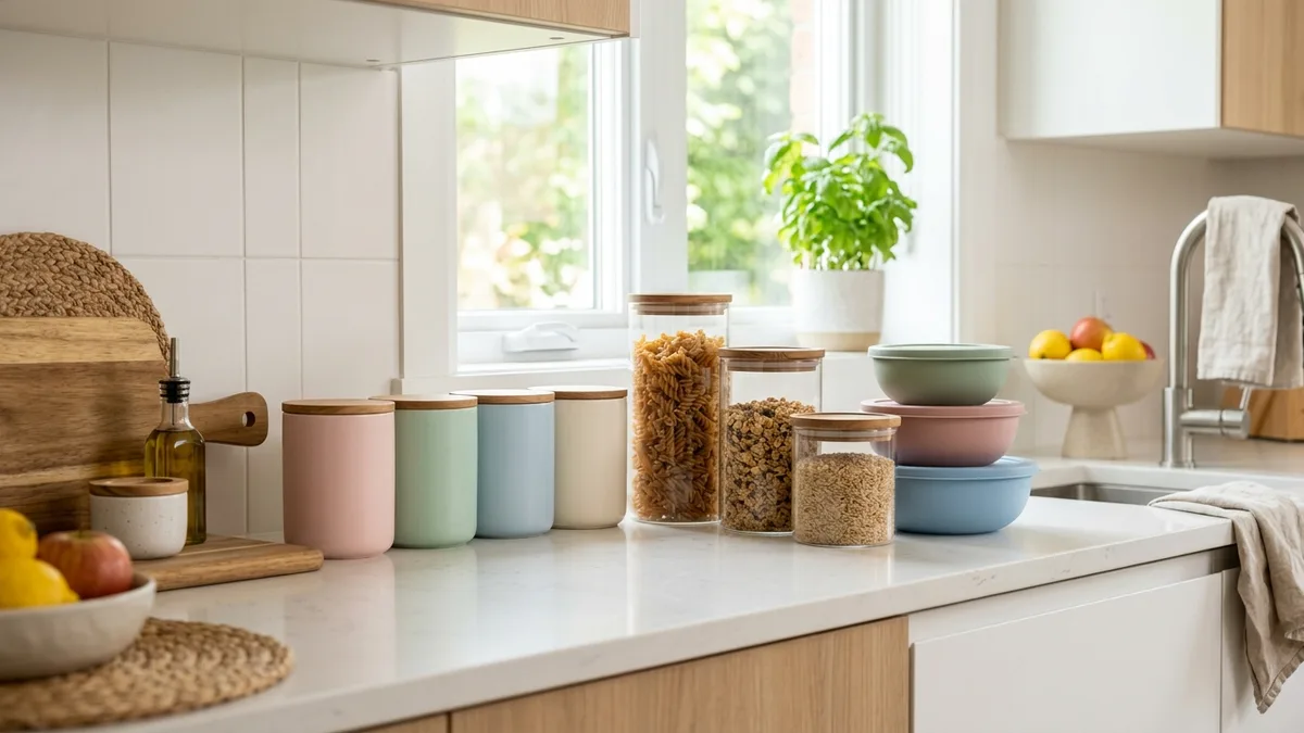Pretty food storage containers in pastel colors with wooden lids arranged on a modern kitchen countertop