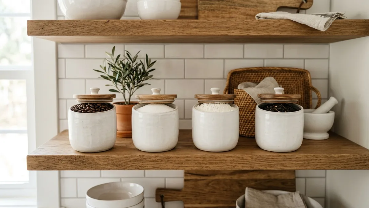 White ceramic kitchen canisters with minimalist labels on an open kitchen shelf in farmhouse style
