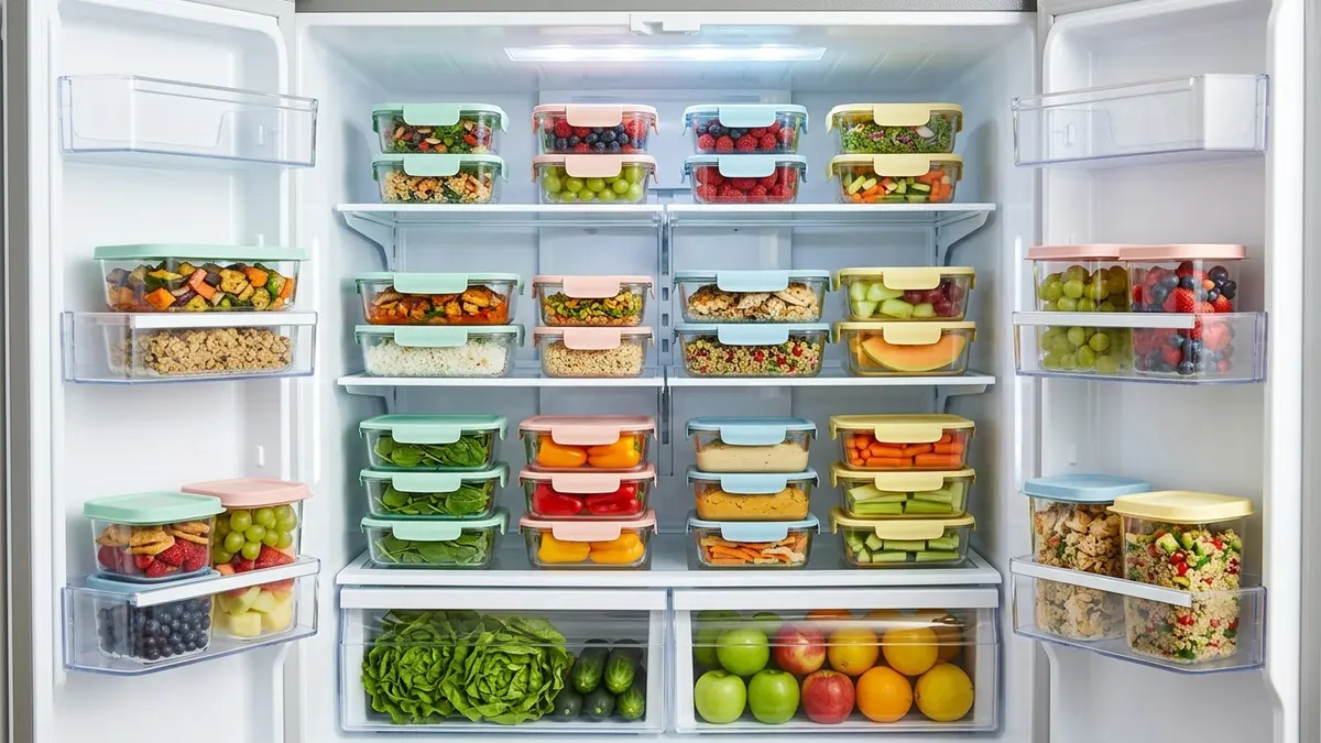 Open refrigerator interior with matching rectangular food storage containers with pastel silicone lids for meal prep