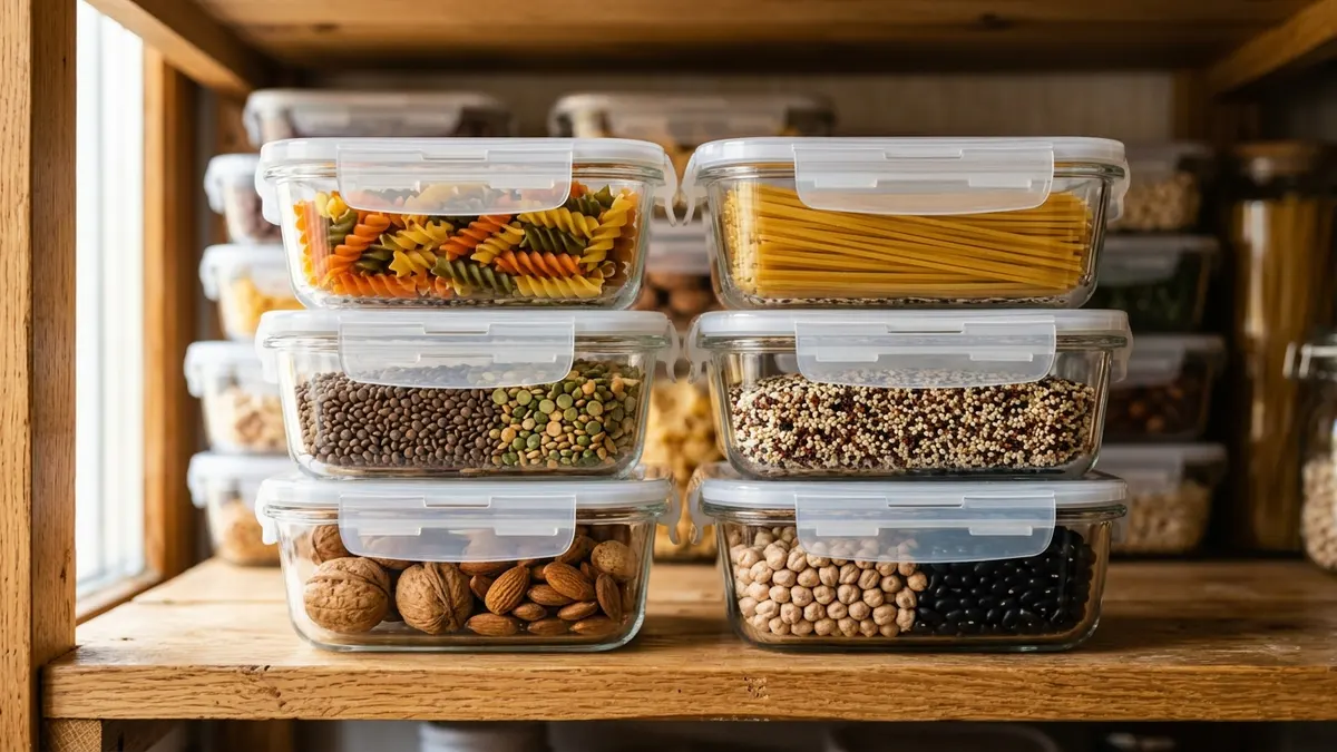 Clear glass food storage containers with locking lids stacked on a pantry shelf filled with colorful dry goods