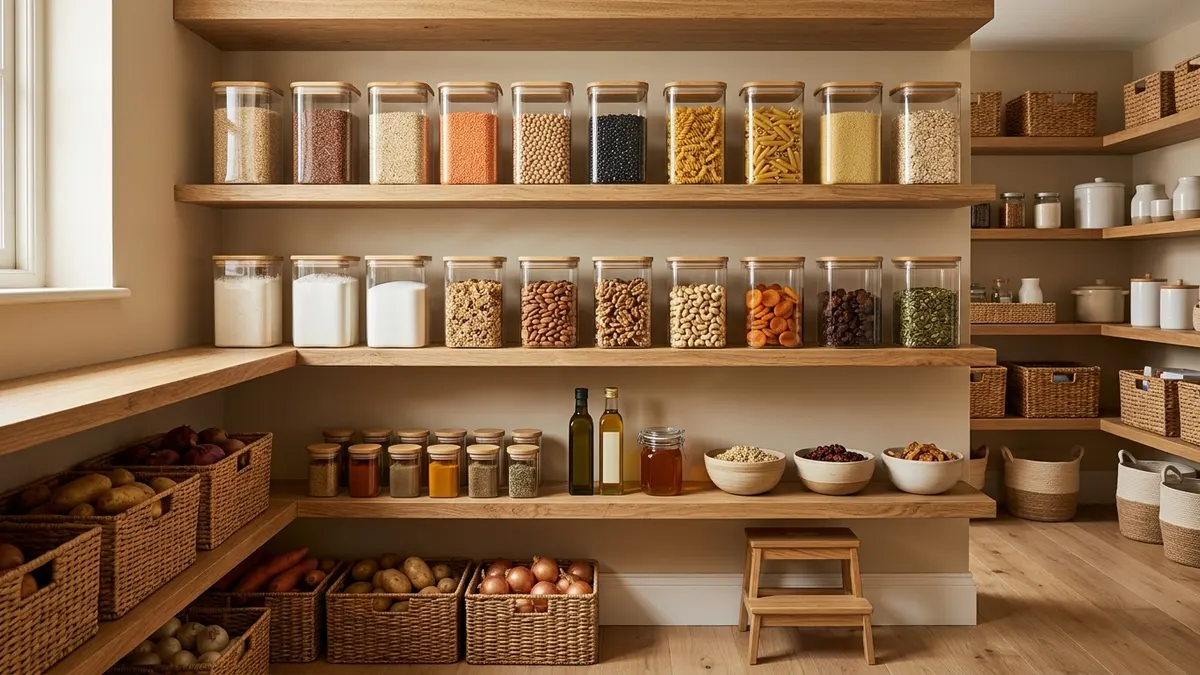 Organized pantry shelves with matching square clear containers with bamboo lids labeled neatly