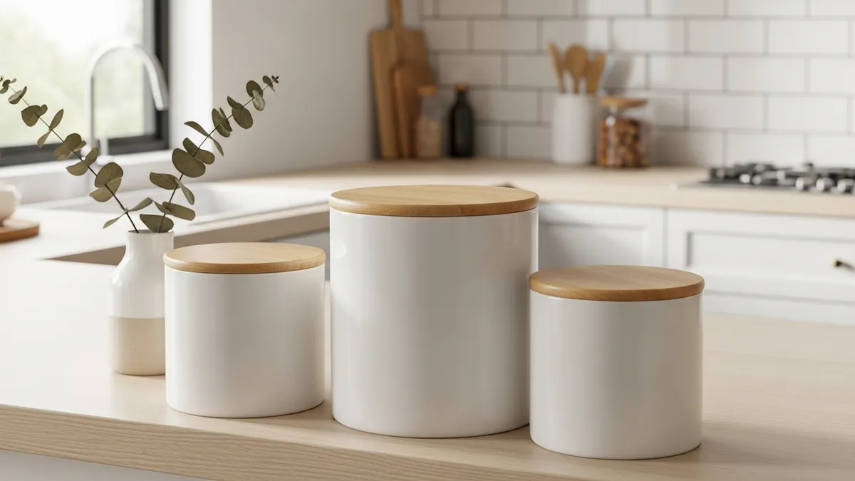 White ceramic food storage containers with wooden lids arranged on kitchen shelf for aesthetic storage