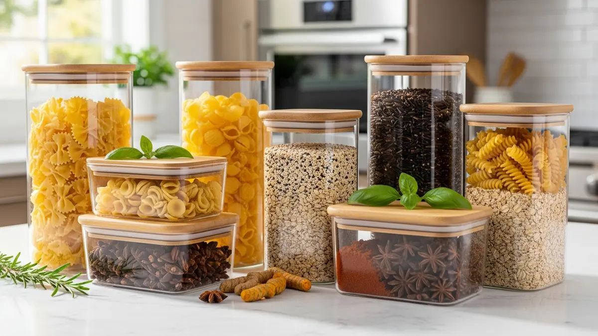Glass food storage containers with airtight seals displaying colorful pantry ingredients