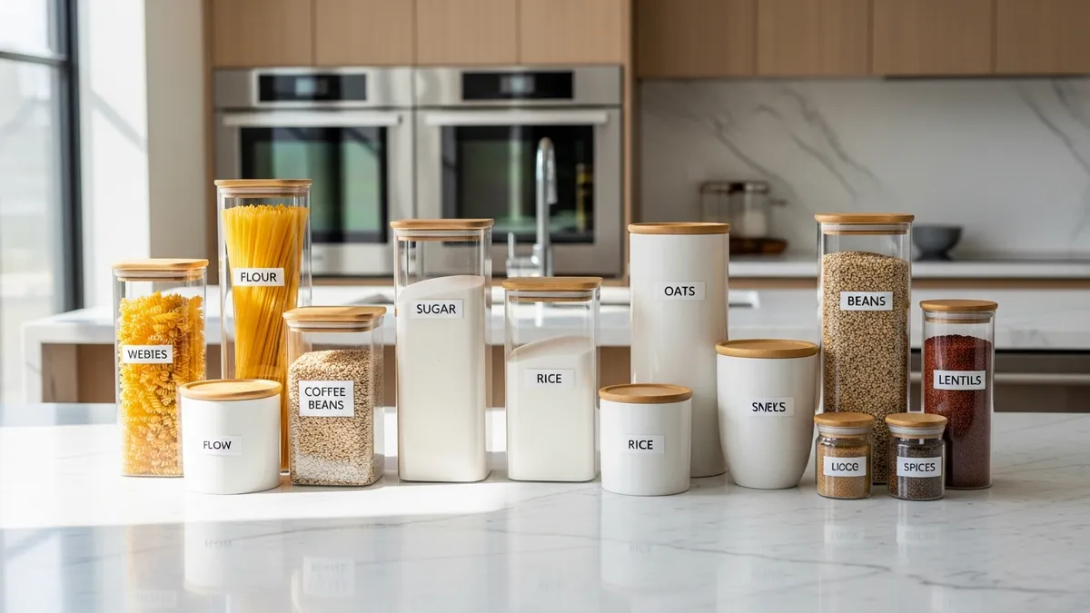 Pretty food storage containers with glass jars and bamboo lids displayed on modern kitchen counter