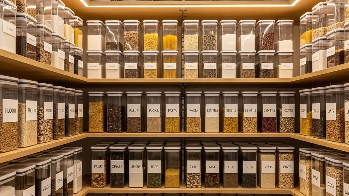Organized pantry with matching pretty food storage containers and labels for systematic organization