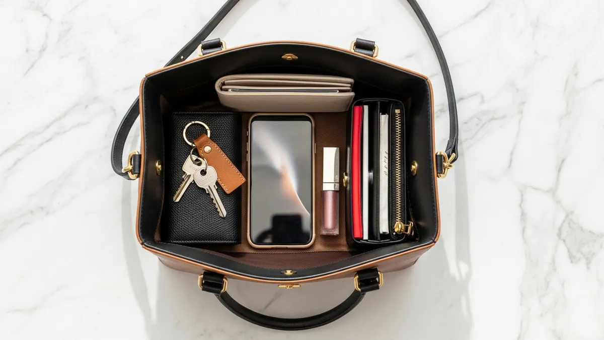 Purse organization ideas flat-lay showing organized handbag contents with purse organizer insert on marble surface