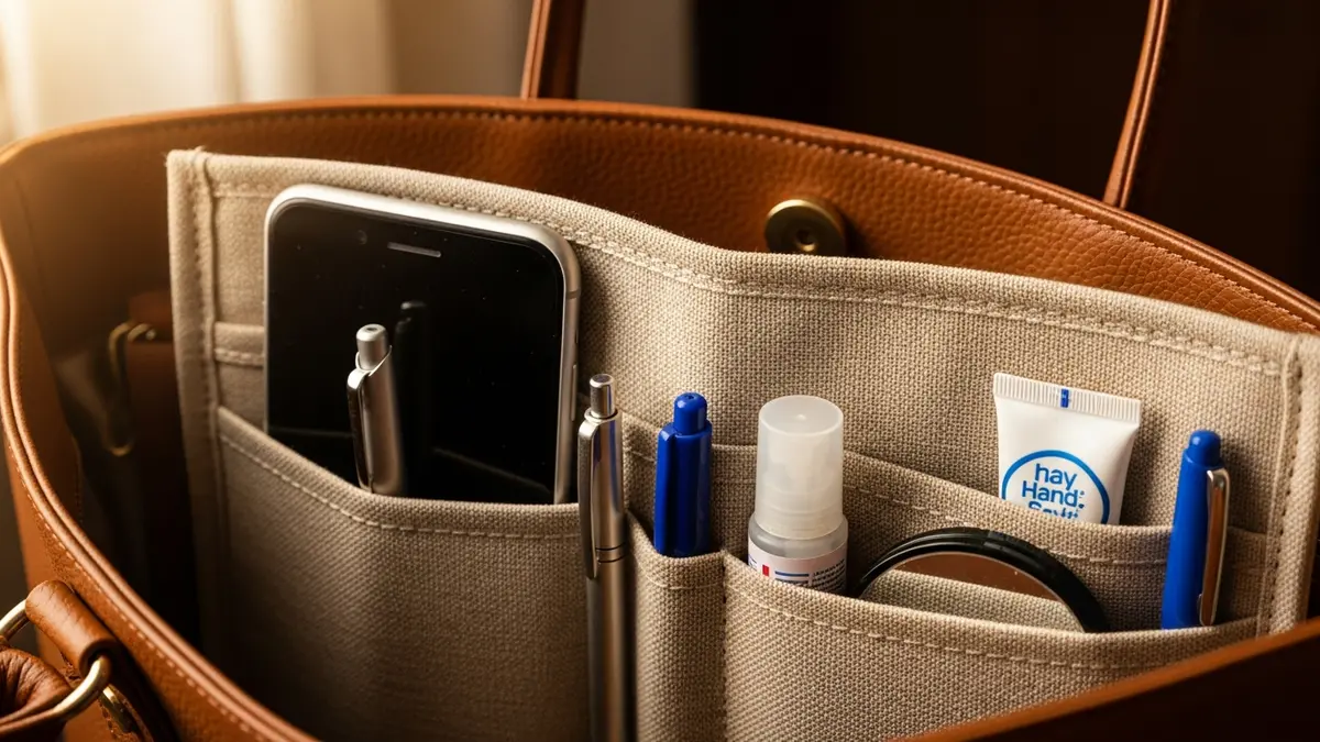 Fabric purse organizer insert with multiple pockets keeping handbag contents tidy and accessible