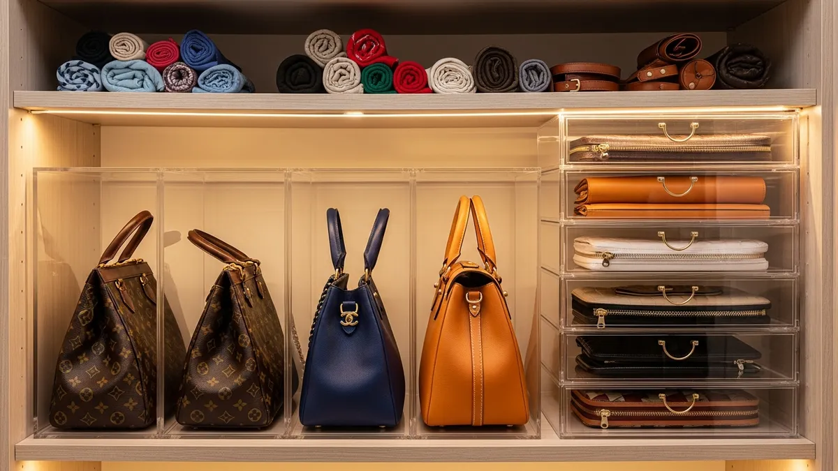 Handbag closet storage with shelf dividers and clear acrylic boxes for purse organization