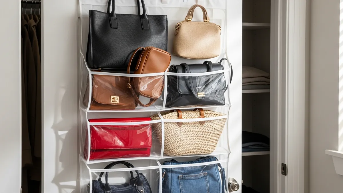 Over-the-door purse organizer on closet door storing multiple handbags for easy access