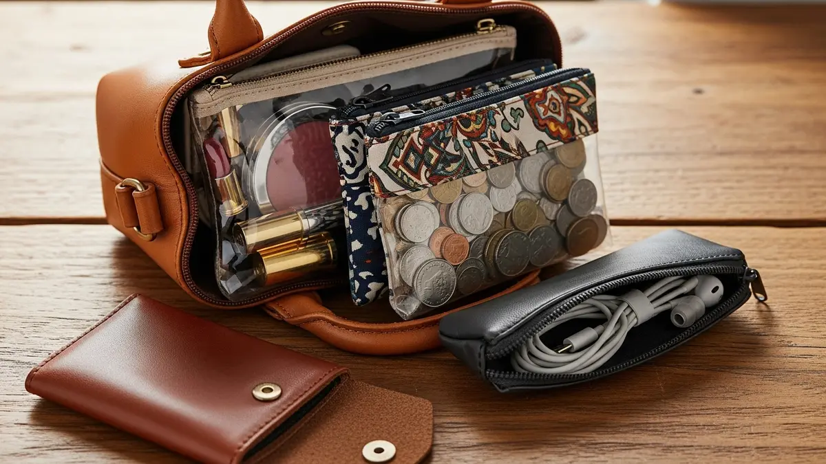 Mini zipper pouches and small pouches used as purse organization accessories inside an open handbag