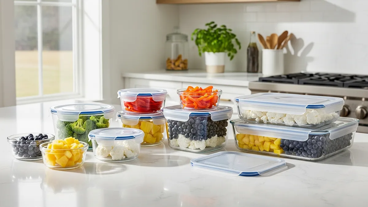pyrex food storage containers with lids on modern kitchen counter