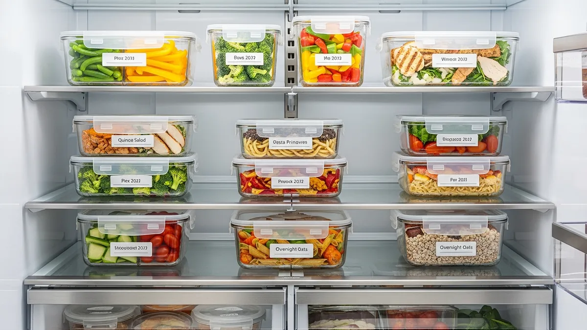 organized refrigerator with pyrex food storage containers for meal prep