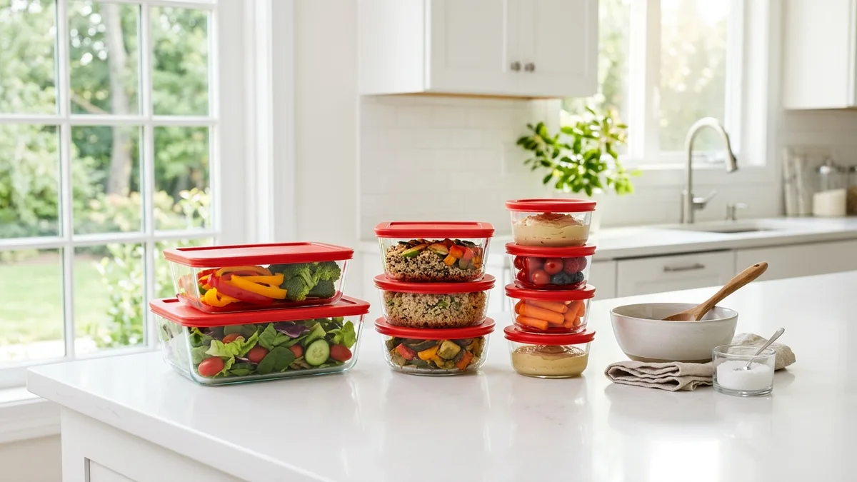 Tempered glass food storage containers neatly arranged on a modern kitchen countertop