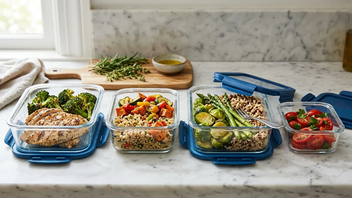 Glass food storage containers with airtight lids used for meal prep organization