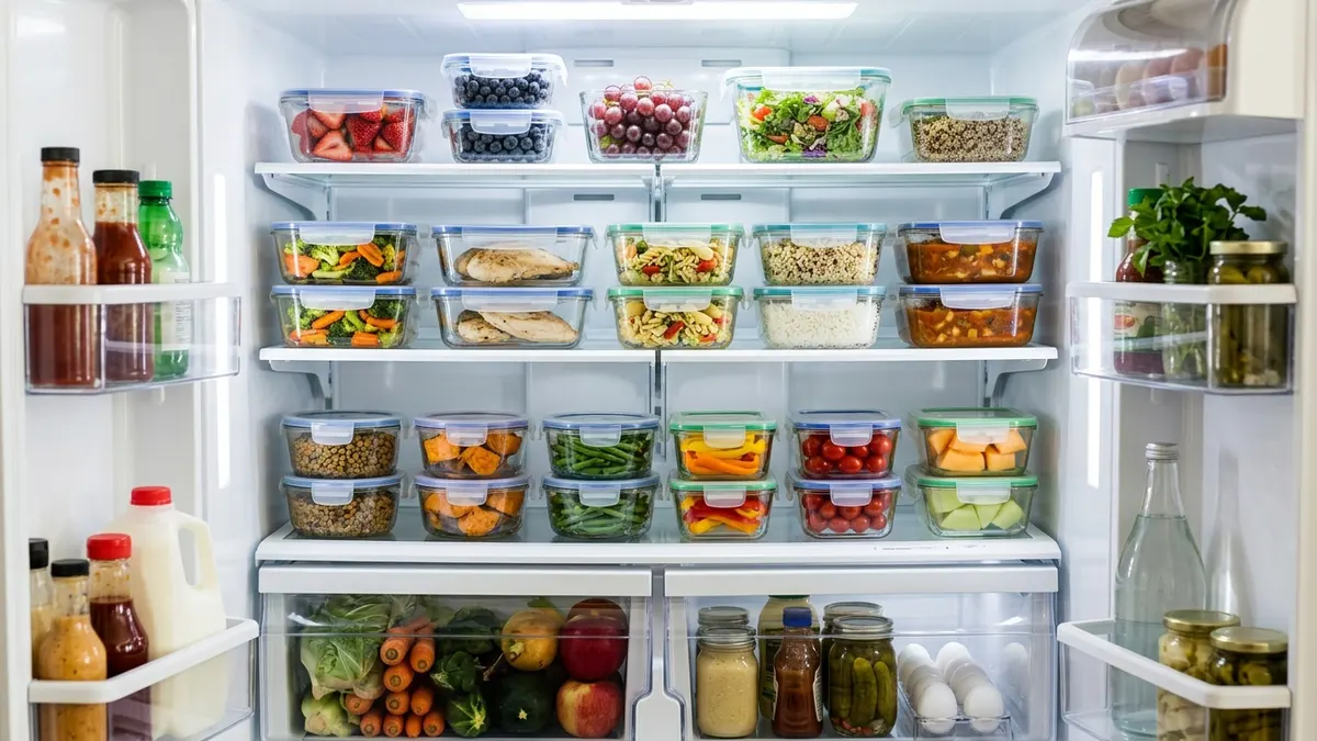 Glass food storage containers organized inside a refrigerator with visible meal prep portions
