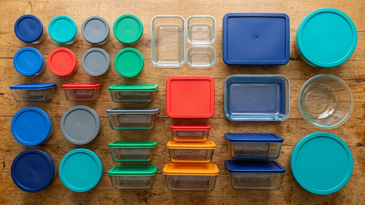A complete glass food storage container set in multiple sizes arranged on a wooden kitchen table