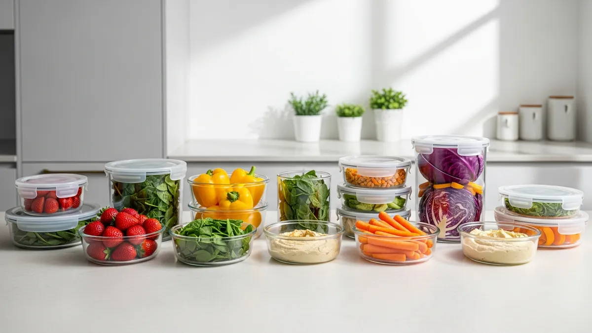 Pyrex glass food storage containers organized on kitchen counter with fresh food