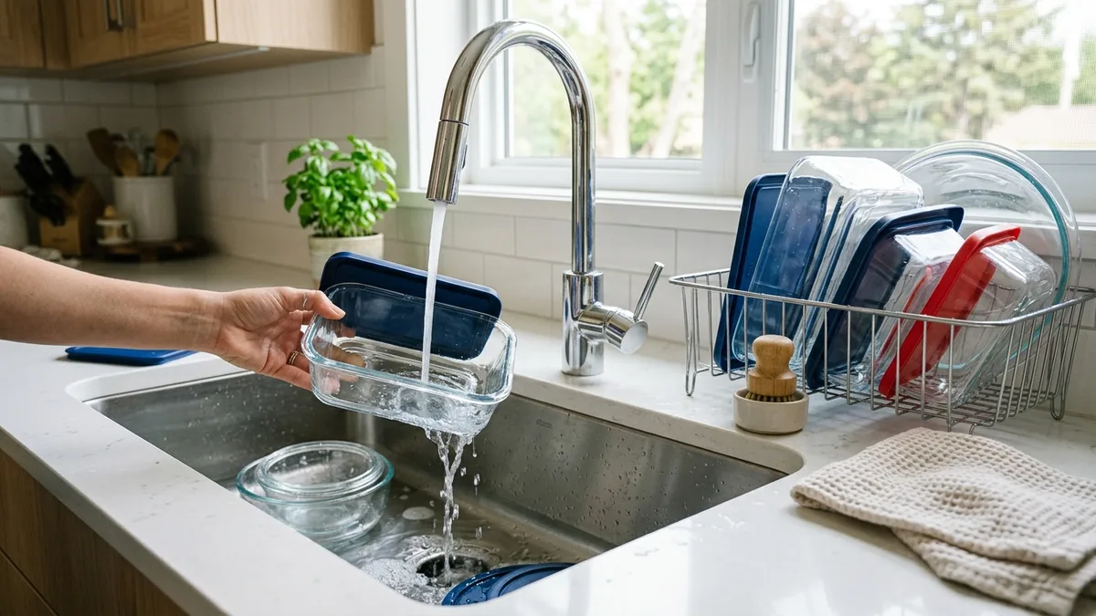 Glass food storage containers being cleaned and rinsed in a bright American kitchen sink