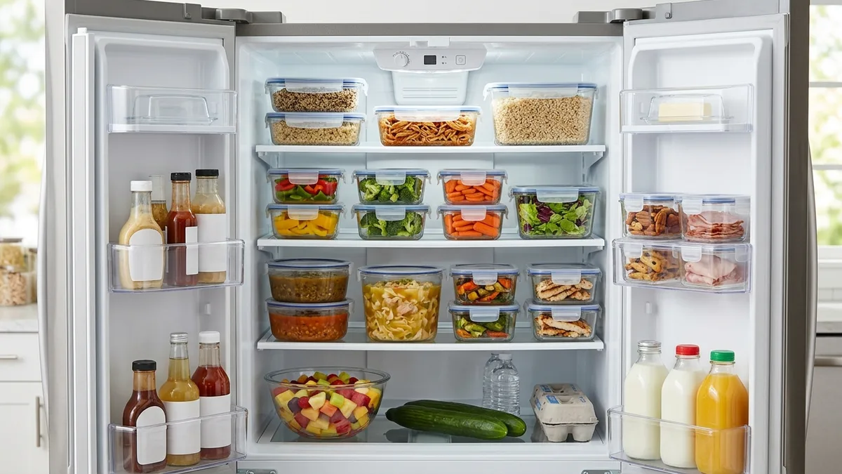 Organized refrigerator stacked with glass food storage containers filled with meal-prepped ingredients
