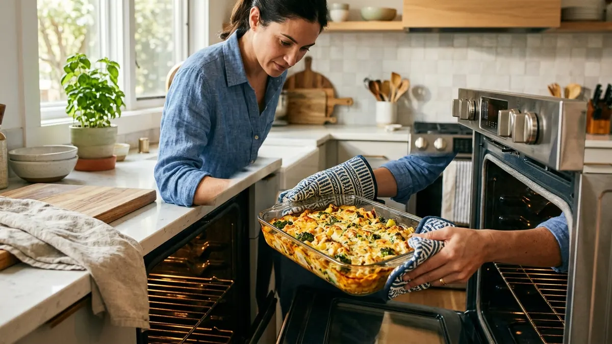 A glass food storage container going from oven to table, showing oven-safe versatility