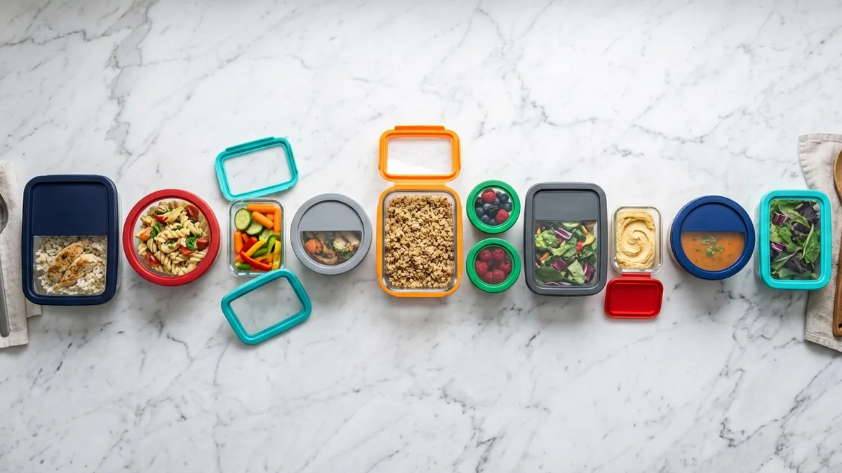 Assorted glass food storage containers in different shapes and sizes with colorful lids on a white marble surface