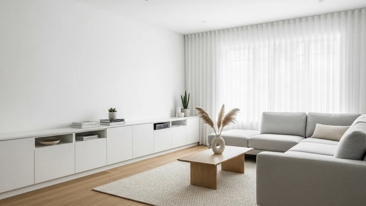 Clean and organized minimalist living room with smart storage solutions
