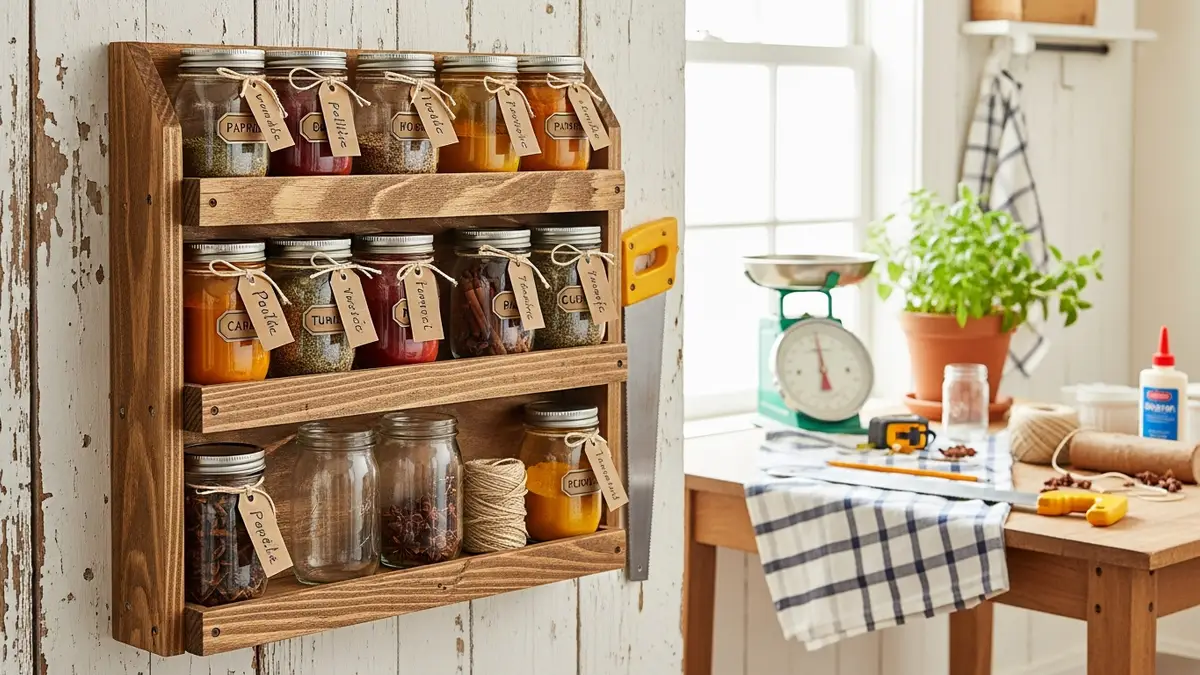 DIY wooden spice rack with mason jars for budget kitchen organization